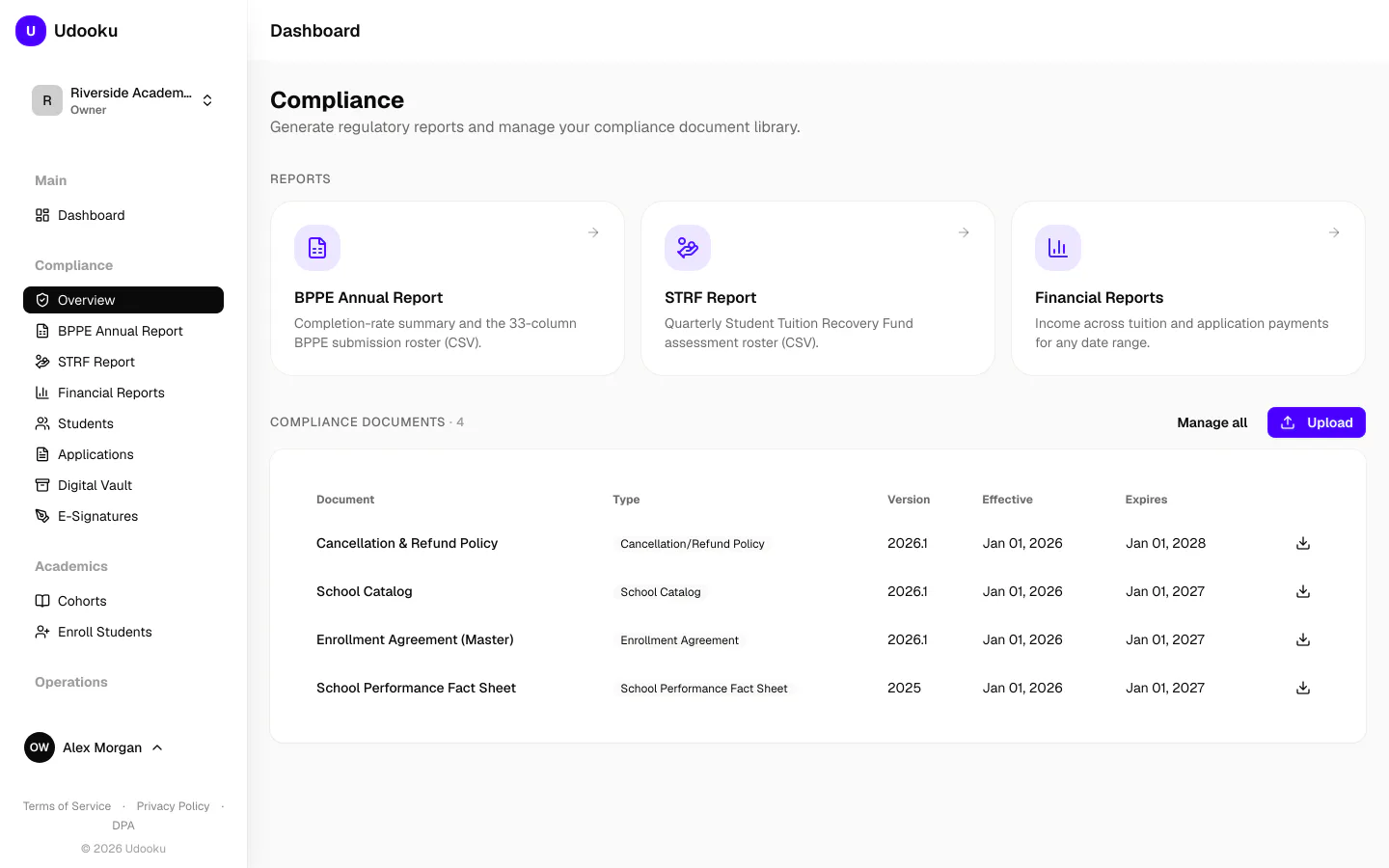 The Udooku compliance document library, listing school documents with version and expiry dates
