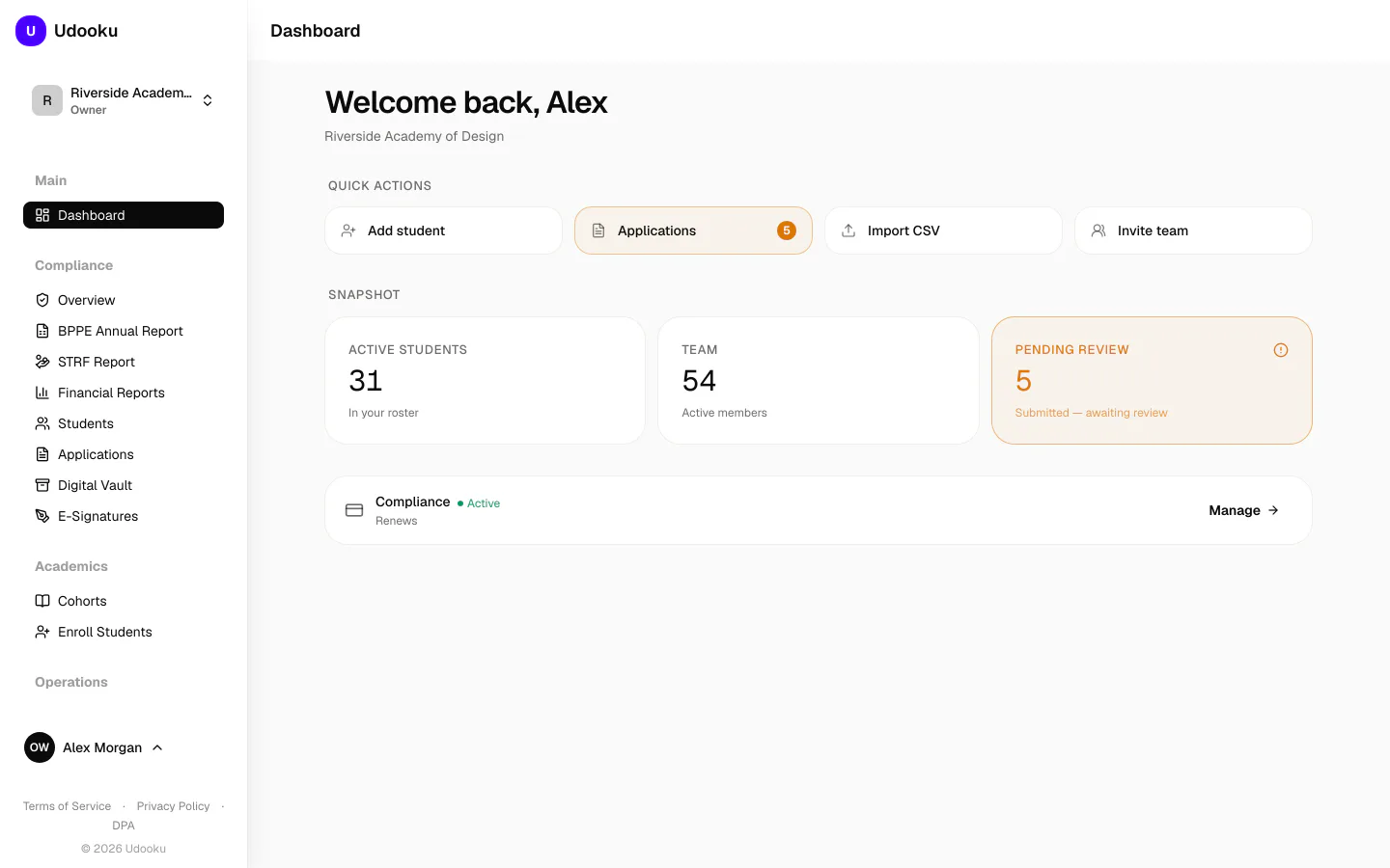 The Udooku dashboard for a demonstration school, showing active students, team size and applications pending review