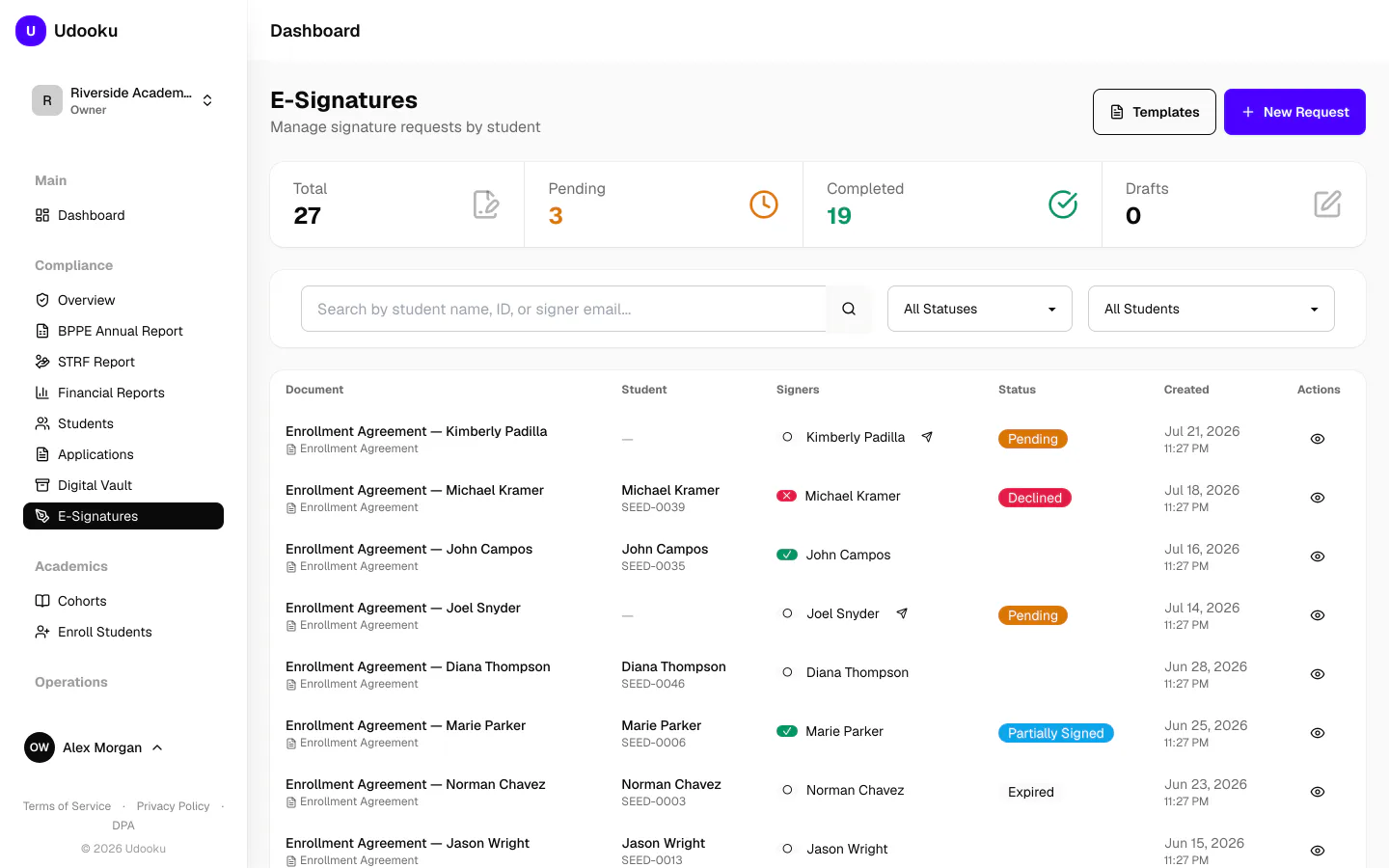 The Udooku e-signature workflow for enrollment agreements