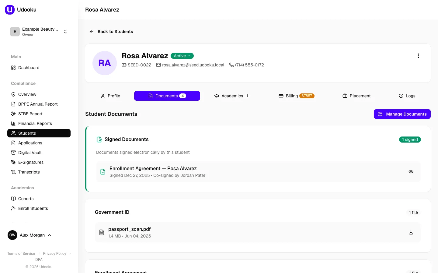 A student's Documents tab in Udooku, showing a signed enrollment agreement attached to the record alongside uploaded files