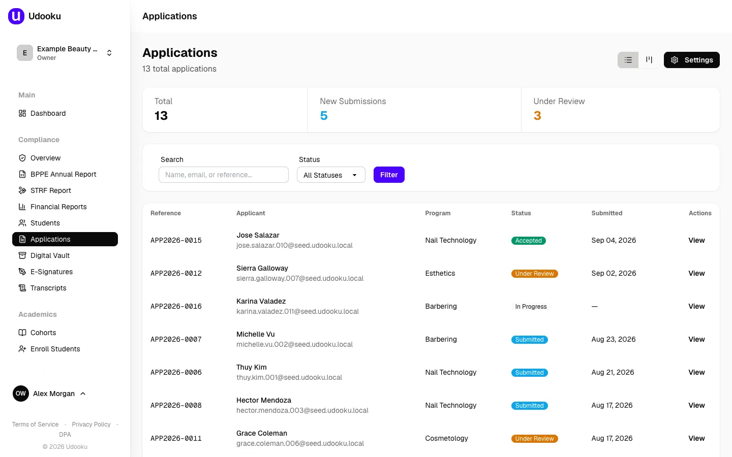 The Udooku applications pipeline for Example Beauty Academy, listing applicants by program with statuses from submitted to accepted